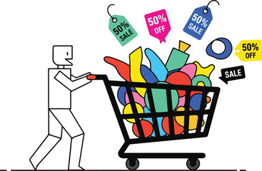 Person pushing a shopping cart full of colorful items with sale tags.