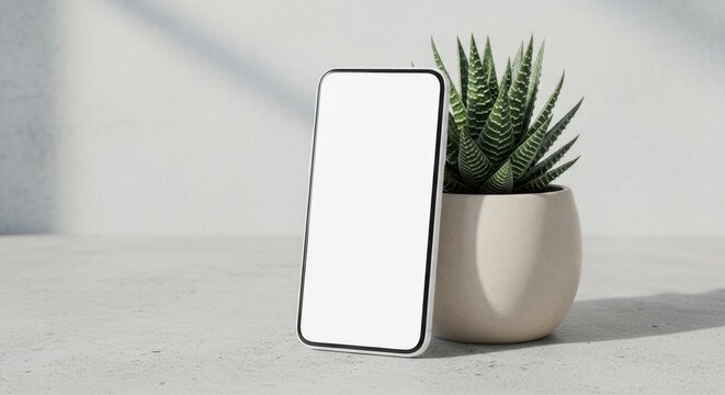 Minimalist modern smartphone display with potted succulent plant on clean surface