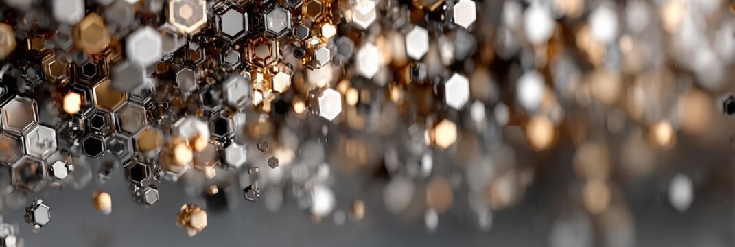 Golden and silver glitter particles shimmering in elegant bokeh light creating festive luxury texture.

