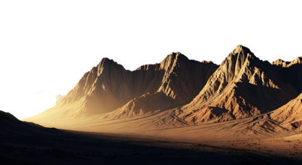 Rugged mountain range illuminated by golden sunlight against a bright transparent background, isolated on transparent background