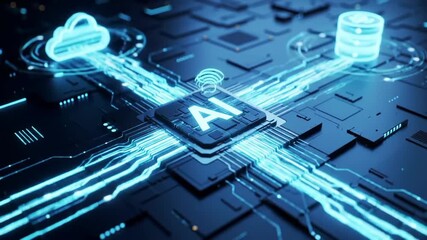 Futuristic AI graphic, data flowing in a circuit board, connecting clouds for network tech - Powered by Adobe