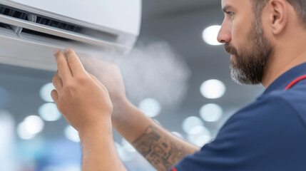 Fototapeta premium Technician adjusting air conditioner blowing cold air in office