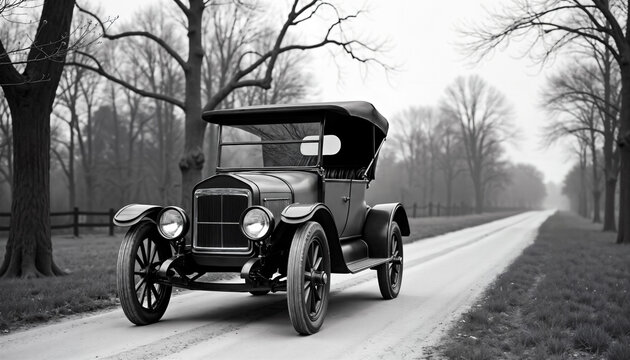 Fototapeta Vintage Car Parked on Quiet Country Road in Misty Black-and-White Landscape with Bare Trees