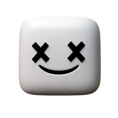 Fototapeta premium Minimal 3D Square Character with X-Shaped Eyes and Subtle Smile on Clean White Background