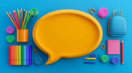 Colorful school supplies with yellow speech bubble on blue background
