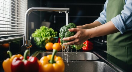 Hands washing fresh green broccoli under running water in a modern kitchen sink, emphasizing healthy eating habits and food safety during meal preparation