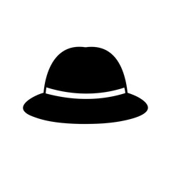 Black bowler hat with white band, elegant simple flat icon