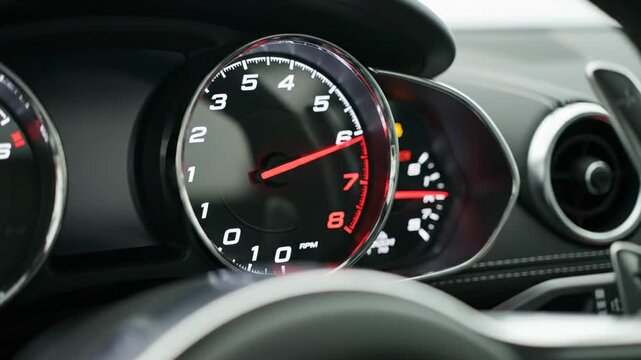 Close up of a cars tachometer and dashboard gauges.