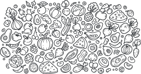 Hand-drawn black and white vector illustration featuring a diverse collection of fruits and vegetables for culinary designs