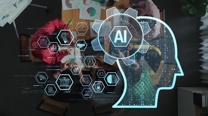 A top-down view of a business team engaged in an AI project, featuring a graphical interface overlay symbolizing technological innovation and data analysis. Raster - Powered by Adobe
