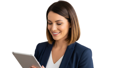 Smiling Businesswoman with Tablet Computer on Transparent Background