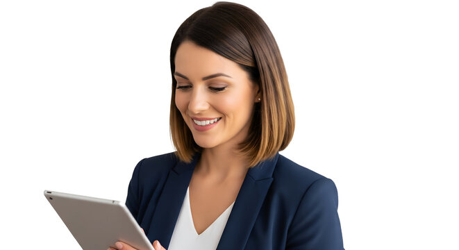 Smiling Businesswoman with Tablet Computer on Transparent Background