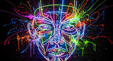 Abstract portrait of a human mind, illuminated with colorful neon lines and explosive paint splashes representing creativity