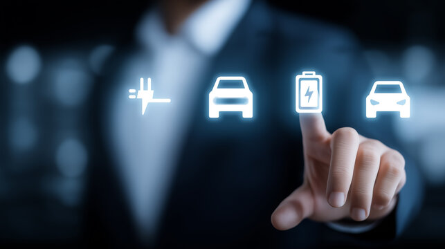 Businessman selecting electric vehicle icons with finger on virtual screen