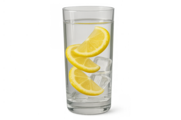 Refreshing water with lemon slices and ice cubes in glass, promoting healthy hydration and cool natural detox drink