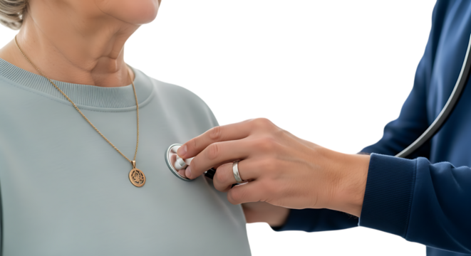 a close up view of a healthcare professional examining an older woman with a stethoscope focusing on the chest area on transparent background