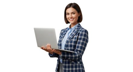 Smiling Businesswoman Holding Laptop Isolated on White Background