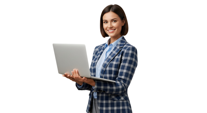 Smiling Businesswoman Holding Laptop Isolated on White Background