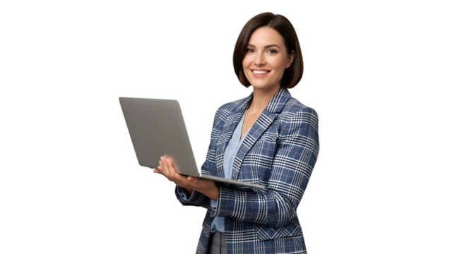 Businesswoman Smiling Holding Laptop Isolated on White - Sticker