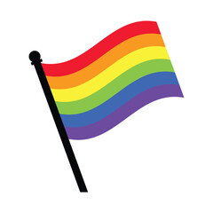 A waving rainbow flag on a black pole against a white background in a simple vector style