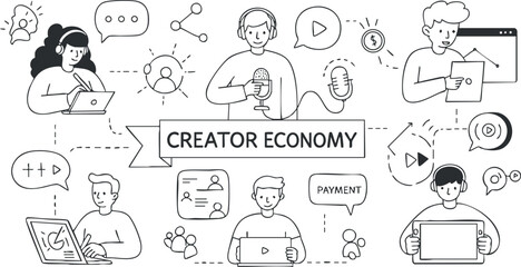 Minimalist black and white vector illustration depicting the creator economy with various digital tools and communication elements for branding and design projects