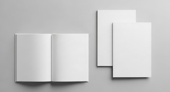 Blank white open book and two closed books or brochures mockup on a light gray background, perfect for design presentation