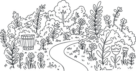 Whimsical hand-drawn vector illustration of a scenic garden path surrounded by lush bushes, flowers, and a bird
