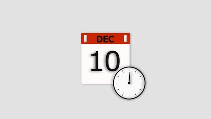 December 10 date animation. Calendar and clock icon animation, on white background. Stunning 4k animation.