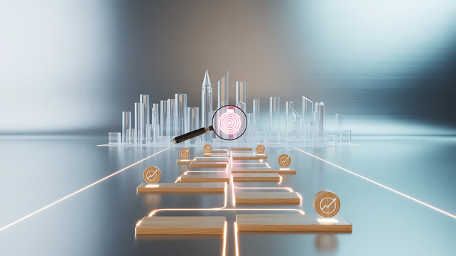 Futuristic Transparent City Skyline Background with Digital Road Map Steps Leading to a Target Examined by Magnifying Glass Showing Business Goals and Financial Growth - Powered by Adobe