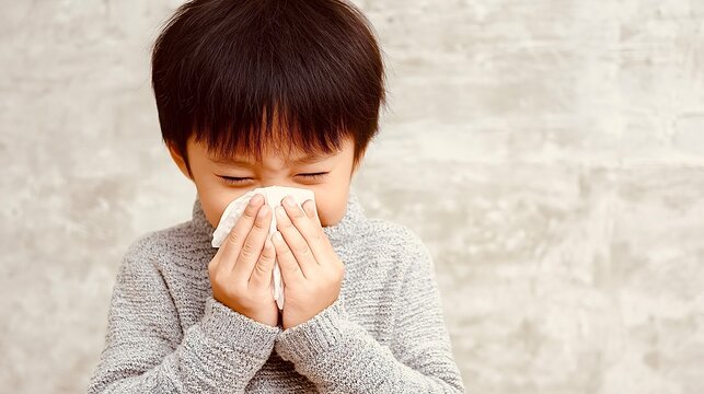 Asian child blowing nose during cold or allergy season