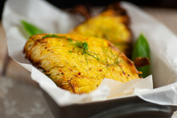 Delicious roasted cabbage in homemade egg batter with dill