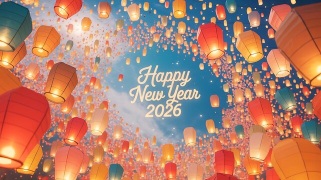 Happy new year 2026 with sky lanterns