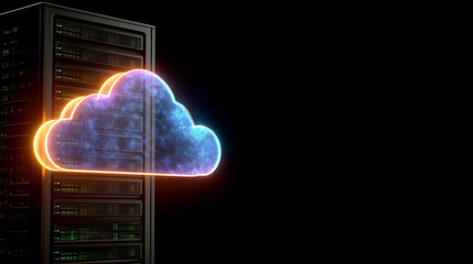 Digital Cloud Gateway: Futuristic illuminated cloud hovering over a server, showcasing data storage and networking on black background.