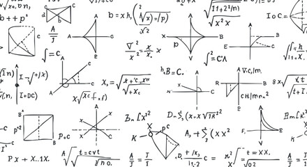 Abstract vector illustration featuring a collection of mathematical equations, symbols, and geometric shapes for educational and scientific contexts