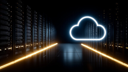 Cloud Data Center: A striking visual of a modern data center with an illuminated cloud symbol, symbolizing cloud computing, data storage, and the digital age.