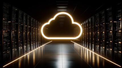 Cloud Data Center: A striking visual of a data center corridor with a glowing cloud symbol at the end. It symbolizes the essence of cloud computing in a futuristic server room.