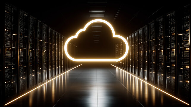Cloud Data Center: A striking visual of a data center corridor with a glowing cloud symbol at the end. It symbolizes the essence of cloud computing in a futuristic server room.