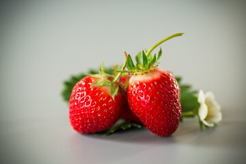 Bright ripe strawberries on a neutral gray surface
