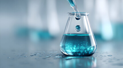 Close up of scientific experiment with erlenmeyer flask and liquid droplet interaction