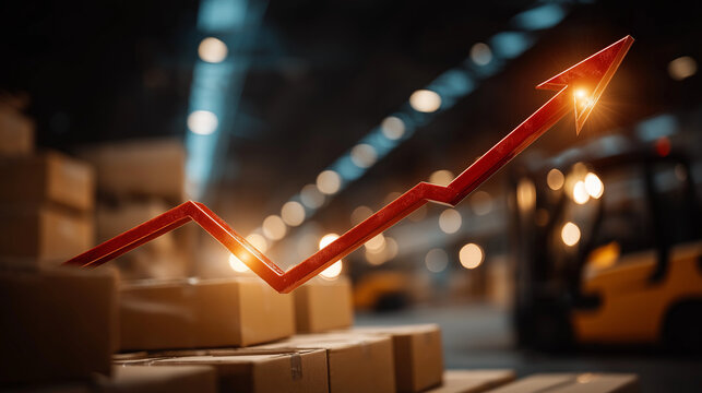 Upward Trend in Warehouse: A bold red arrow dramatically illustrates upward trend in warehouse, boxes stacked, reflecting growth and demand.