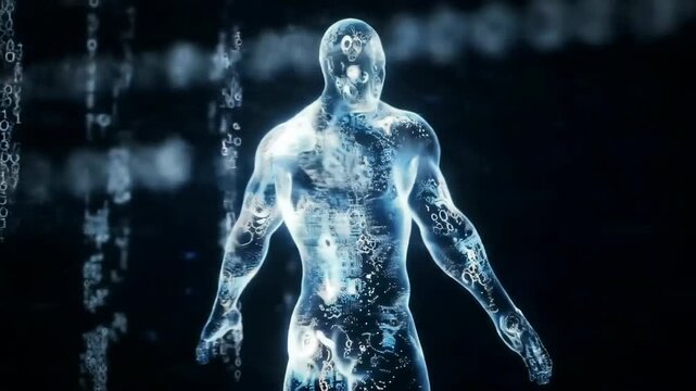 Rendered human body in digital form, side view. Binary code and data in background, medical uses
