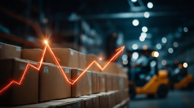 Warehouse Logistics and Growth: An dynamic image depicting a surge in business, with a row of packed boxes leading the viewer's eye towards an ascending line graph.