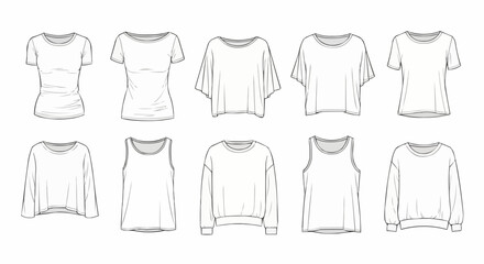Collection of various blank white t shirts and tops for design.