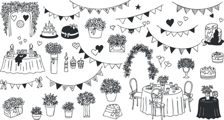 Hand-drawn black and white vector illustration of wedding and party decorations featuring tables, cakes, flowers, and festive banners.