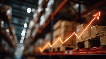 Warehouse Growth: A visual representation of business and logistics growth, an upward trending line superimposed over shelves filled with products, conveying concepts of expansion and development.