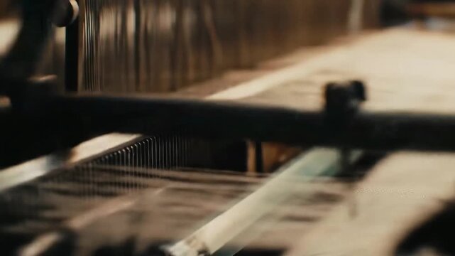 Textile loom weaving thread, close-up, working in an old workshop, crafting fabrics