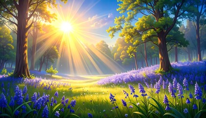 Sunlit meadow with purple flowers, towering trees, and soft, dreamy light filtering through leaves