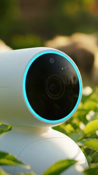 Smart home security camera with a glowing led ring moving in a green garden. The device provides remote surveillance and protection