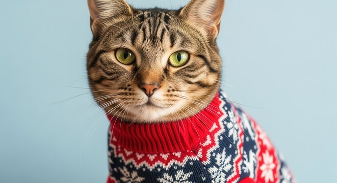 A cute tabby cat wearing a festive christmas sweater. Close-up holiday portrait of a pet in a winter jumper. Christmas jumper day concept