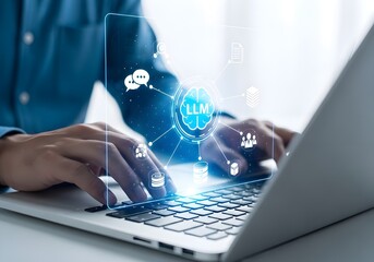 Person using laptop with glowing ai brain and network connections